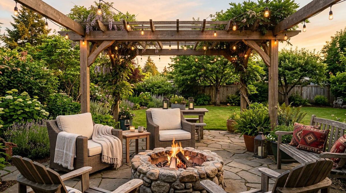 FansaFurn outdoor patio with fire pit, pergola, and seating at golden hour